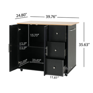 Mobile Kitchen Cart With Storage With 2 Doors, 3 Drawers & Adjustable Shelf - Black / Natural