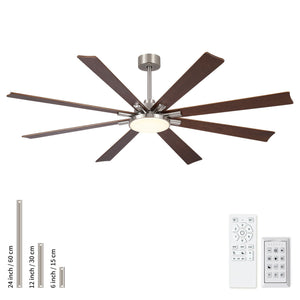 Large Ceiling Fan With Dimmable LED Light 8 Blades Remote Control, Reversible DC Motor