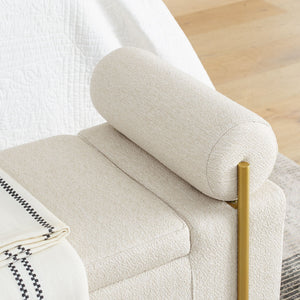 Elegant Upholstered Storage Bench With Cylindrical Arms And Iron Legs,