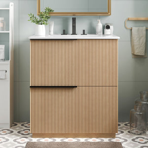 Fluted Bathroom Vanity With Ceramic Sink and Soft-Close Slides