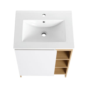 Freestanding Bathroom Vanity With Thin Rim Sink, Single Door With 4 Tier Open Shelves - Light Oak / White