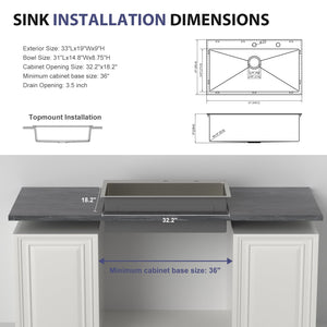 33 Inch Topmount Sink - Stainless Steel Kitchen Sink