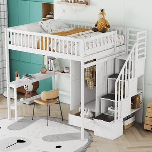 Loft Bed With Bookshelf, Drawers, Desk, And Wardrobe