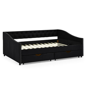 Upholstered Tufted Daybed With 2 Drawers, Waved Arms