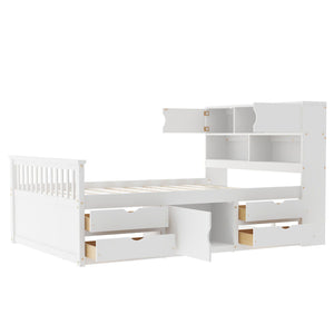 Captain Platform Bed Frame With Bookcase Headboard, 4 Drawers, Storage Shelves