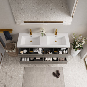 60" Wall-Mounted Bathroom Vanity with Double Sinks and Floating Storage