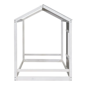 Twin Size House Platform Bed With Roof And Window - Natural / White