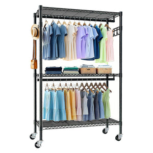 Heavy Duty Rolling Clothes Rack With 3 Tier Shelves, 2 Rails & Side Hooks