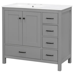 Bathroom Vanity With Ceramic Sink Combo, Abundant Storage Cabinet 2 Soft Close Doors And 5 Drawers