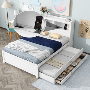 Full Size Platform Bed With Trundle, Drawers, USB Ports And Built In Shelves - White
