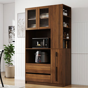 Tall Kitchen Pantry Cabinet With 4 Tier Side Shelf, 2 Drawers, Freestanding Food Hutch With Microwave Stand For Dining Room - Walnut