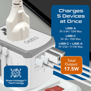 All-In-One International Travel Adapter - 5 in 1 - 2 USB-A & 2 USB-C - Max. 17.5W (3.5A) - White (UP-15KU-WH) - TRAPSKI