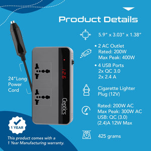 Ceptics 200W Car Power Inverter Charger with Digital Display and SmartVoltage™ Technology (PI-200W4U) - TRAPSKI