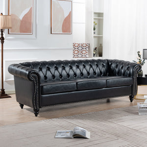 84.65" Black PU Rolled Arm Chesterfield Three Seater Sofa