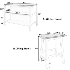 Rustic 3 Piece Stationary Kitchen Island Set With 2 Seatings, With 2 Open Shelves