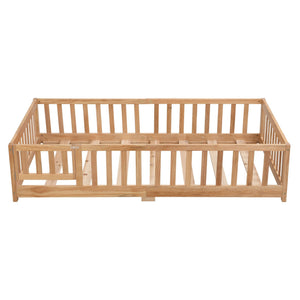 Solid Wood Floor Bed With Door And Fence For Children