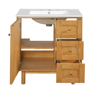 Bathroom Vanity With Sink, 3 Drawers, Soft Close Door - Natural Wood
