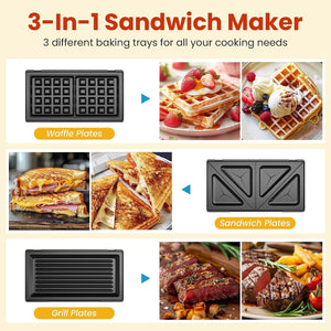 3-in-1 Electric Sandwich Maker & Waffle Grill