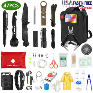 47Pcs Emergency Survival Kit Survival EDC Gear Equipment Tool First Aid Supplies Kit Tools with Pouch for Hiking Hunting Disaster Camping Adventure