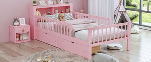 Bed With Headboard Storage Rack, 2 Under Bed Drawers, 3 Side Guardrails For Safety