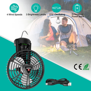 Foldable Camping Fan with Emergency Power Bank 270¡ Oscillating Rechargeable Tripod Fan for Hiking Fishing Personal Desk Fan with 4 Speeds 3 Brightnes