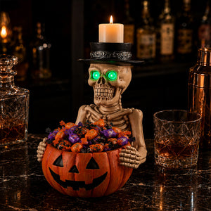 Halloween Skeleton Figurine with Pumpkin Candy Bowl & Candle Holder