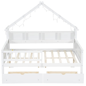 House Style Platform Bed With LED Lights, Storage Shelves, Drawers, And Guardrail