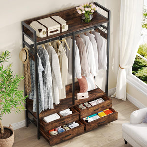 Freestanding Closet Organizer With 4 Drawers, 8 Hooks, Shelves, And Hanging Rod - Brown / Black