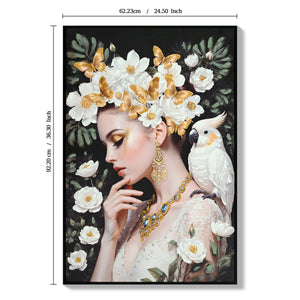 Beauty Lady Wall Art Gold and White Floral Canvas 24x36 Inch