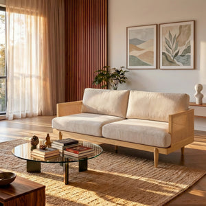 Emir 72" Square Arm 3-Seater Boucle Sofa with Cane Rattan and Wooden Frame
