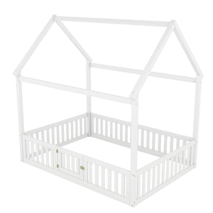 Wood House Bed With Fence And Door