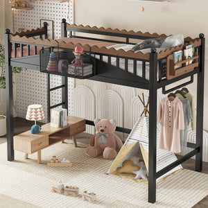 Twin XL Size Loft Bed with Ladders and Storage Shelves