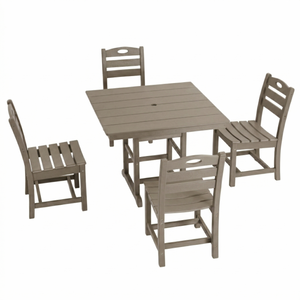 Antique Wood Color HDPE 5-Piece Outdoor Patio Dining Set with Square Table and 4 Armless Chairs, Umbrella Hole