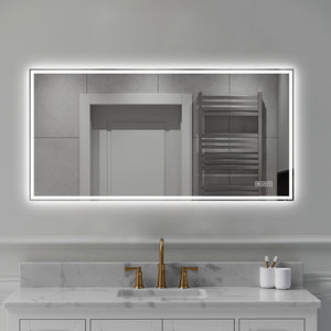 LED Bathroom Vanity Wall Mirror With Straight Edge Design, Frosted Glass Finish, Anti Fog, Dimmable 3 Color Lighting - Silver