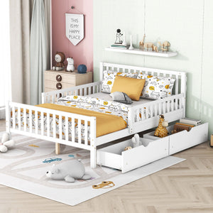 Platform Bed With Guardrails On Both Sides And 2 Storage Drawers