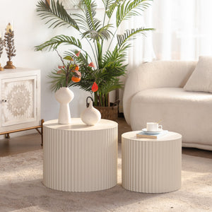 Beige Nesting Coffee Table Set of 2 Modern Drum Side Tables