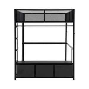 Full Size Gaming Loft Bed With LED Desk, Open Wardrobe, 3 Linen Storage Drawers - Black