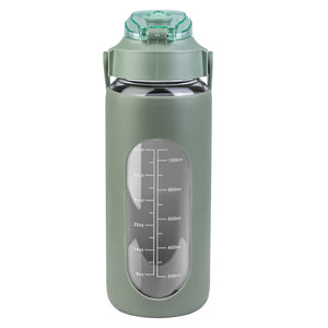 34Oz Glass Water Bottle Sports Water Bottle Motivational Water Bottle Water Intake Tracker Bottle with Straw Time Marker Silicone Sleeve Handle for Gy