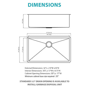 Finish Undermount Stainless Steel Kitchen Sink 32" X 19" 16 Gauge Deep Single Bowl