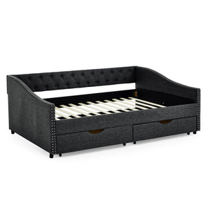 Upholstered Tufted Daybed With 2 Drawers, Waved Arms