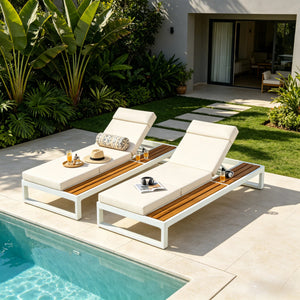 White Iron & Teak Finish Chaise Lounge Set: 1 Frame + 1 4-Fold