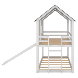 Twin Over Twin House Bunk Bed With Slide And Windows - White / Gray