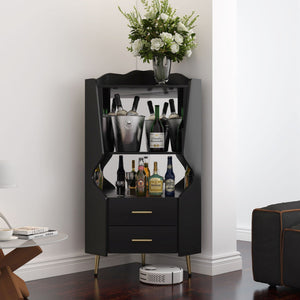 Corner Bar Cabinet With Mirrored Back, 2 Open Shelves & 2 Drawers