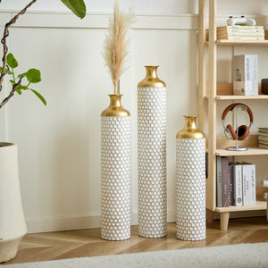 3-Piece Modern Metal Vase Set - White & Gold