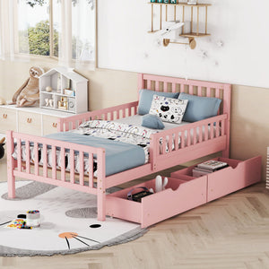 Platform Bed With Guardrails On Both Sides And 2 Storage Drawers