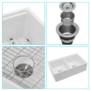 Farmhouse Sink Workstation 33" Ceramic Double Bowl Kitchen Sink With Ledges - White
