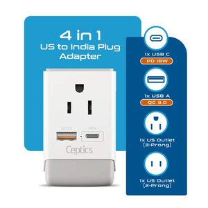 India Travel Adapter | Type D - USB-A & USB-C Ports + 2 USA Outlet (AP-10)