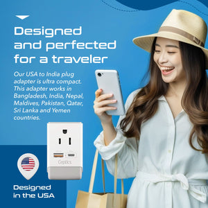India Travel Adapter | Type D - USB-A & USB-C Ports + 2 USA Outlet (AP-10)