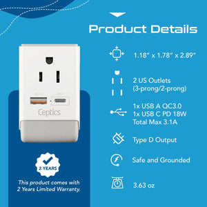 India Travel Adapter | Type D - USB-A & USB-C Ports + 2 USA Outlet (AP-10)