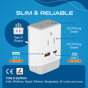 India Travel Adapter | Type D - USB-A & USB-C Ports + 2 USA Outlet (AP-10)